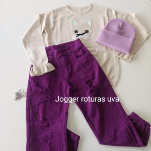 Pantalón jean Jogger roturas uva