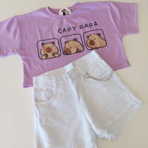 Remera m/c Crop Top Capybara lila
