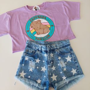 Remera m/c Crop Top Capybara fan club lila