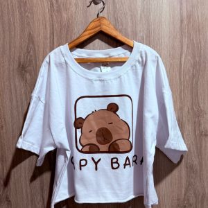 Remera m/c Crop Top Capybara Cute Blanca