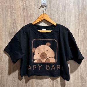 Remera m/c Crop Top Capybara cute negra