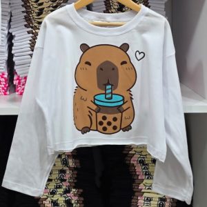 Remera Crop Top m/l Capybara Refresco Blanca